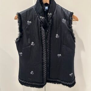 Beaded Padded Embroidered Black Women's Vest with Fur Trim